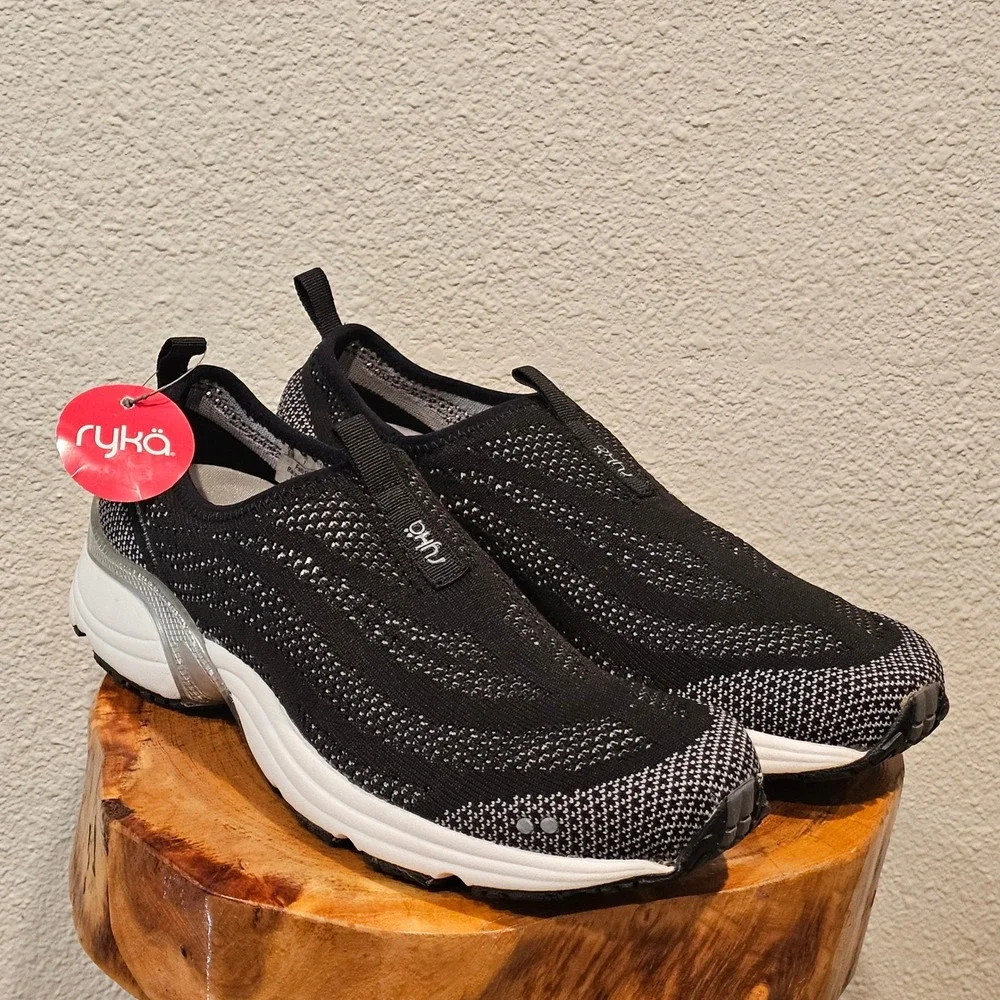 Ryka Hydrosphere Womens Black White Knit Slip On Walking Shoes Sneakers New 9M